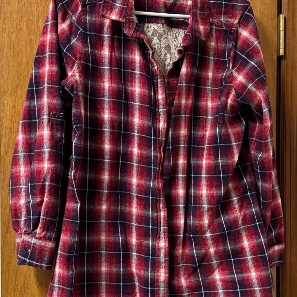 Hint of Mint Red and Black Flannel Plaid Women’s Lace insert Shirt size 1X